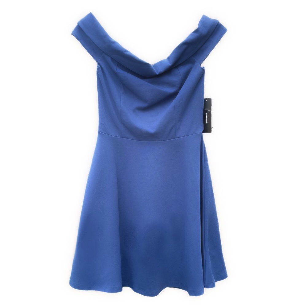 LULU’S Season of Fun Denim Blue Off the Shoulder Skater Dress